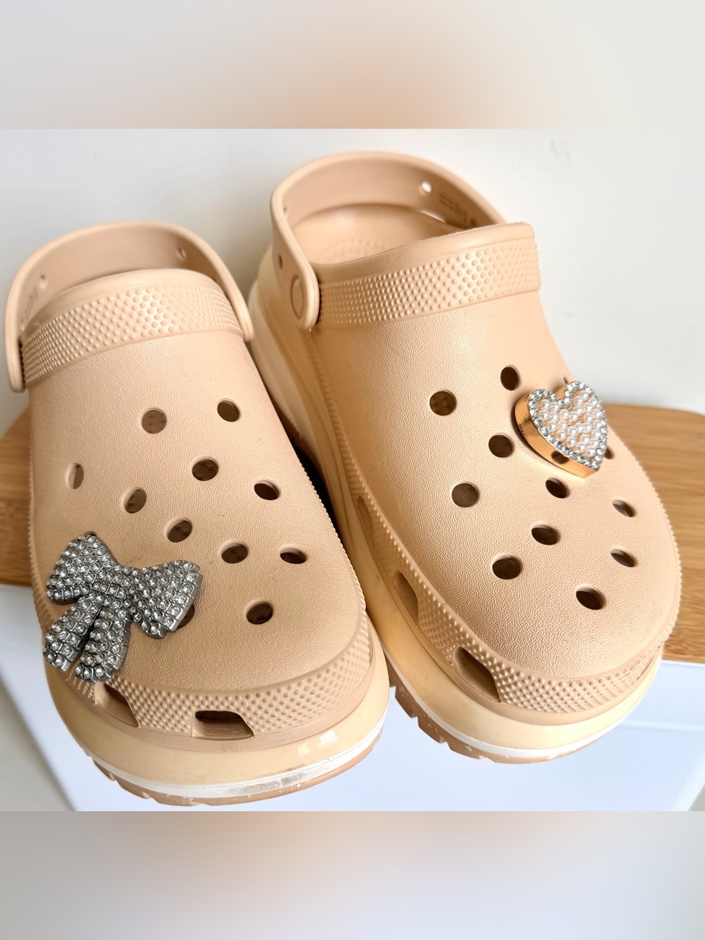 CROCS Beige Platform Clogs with Rhinestone Charms